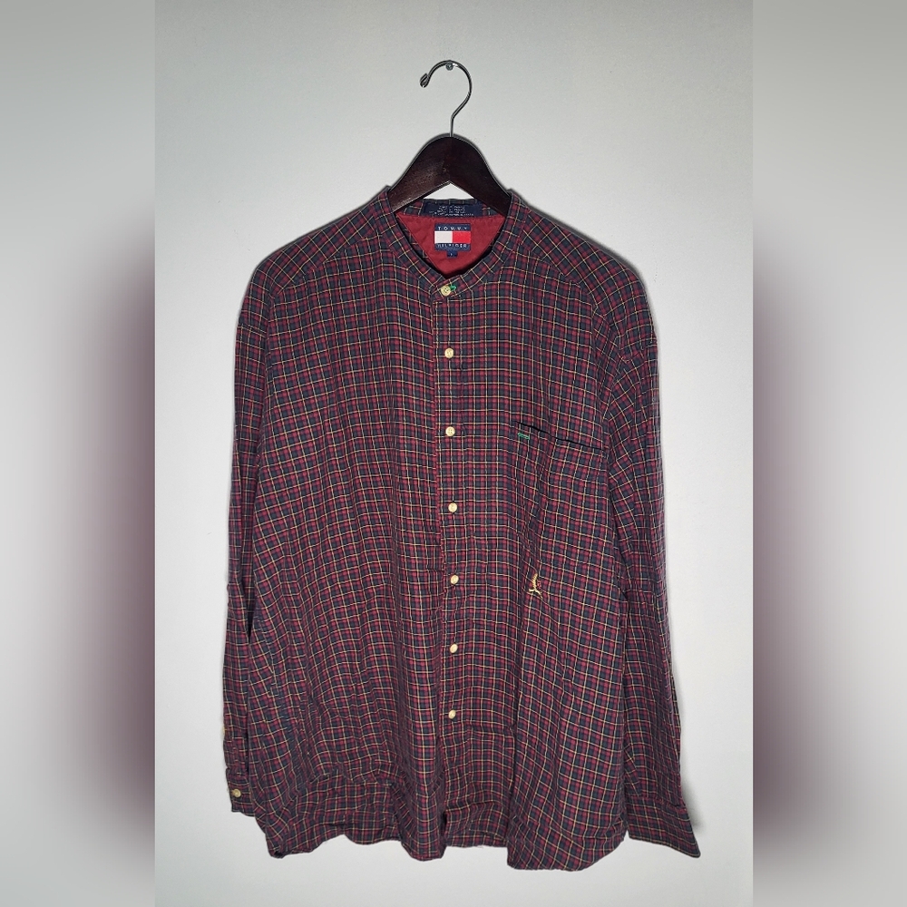 👕🌶 Vintage Tommy Hilfiger Crest Collarless Button Up Longsleeve Shirt